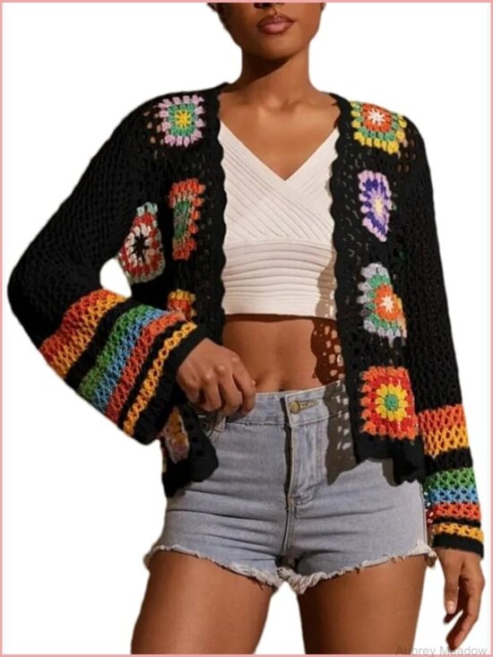 Sweaters - Women's Floral Crochet Cardigan Hollow Out Long Sleeve Open Front Sweater Y2K